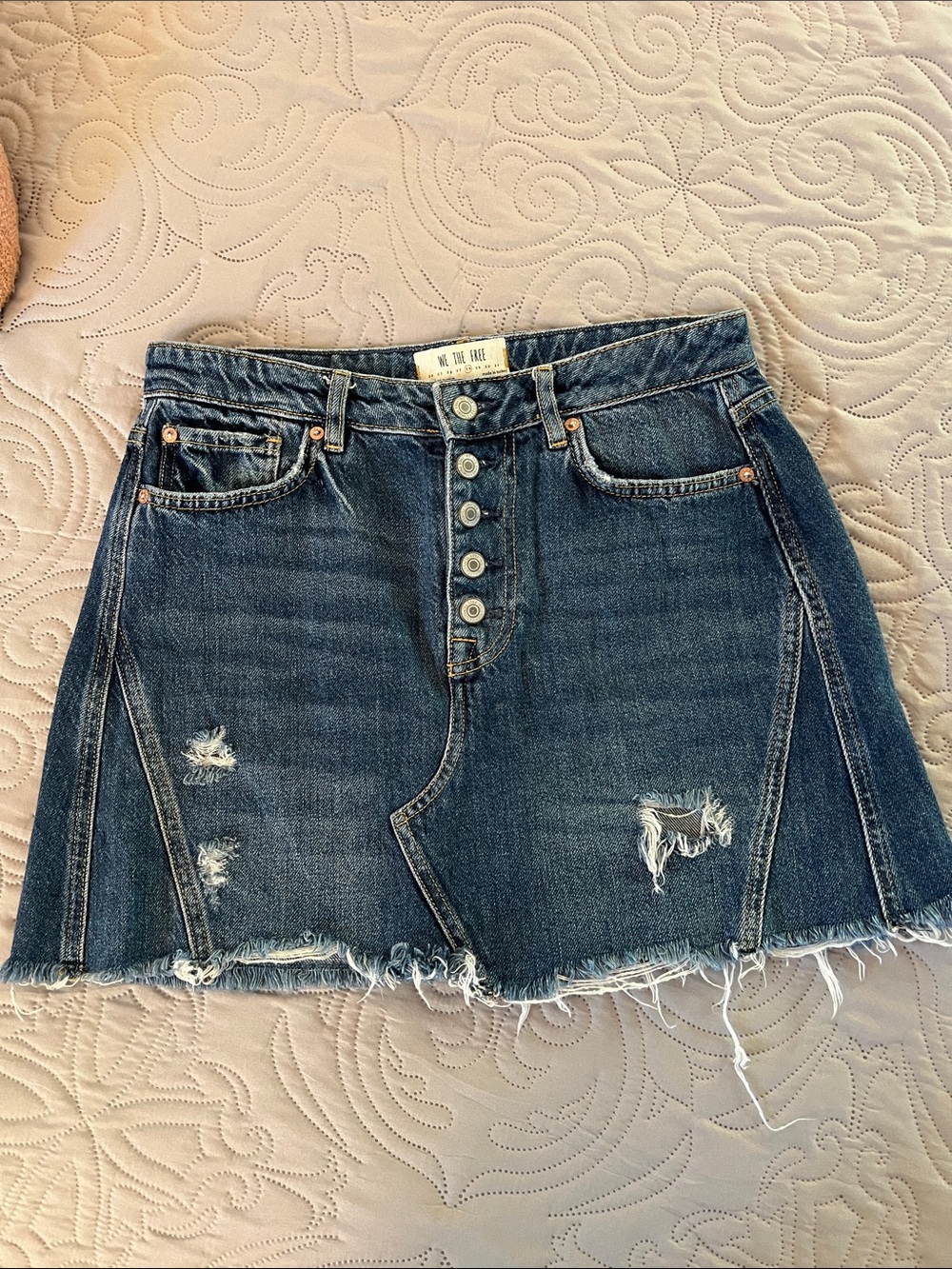 Free People Dark Blue Distressed Button-Front Denim Mini Skirt